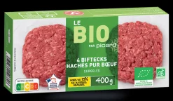 4 biftecks hachés bio, pur boeuf, 15% M.G maximum