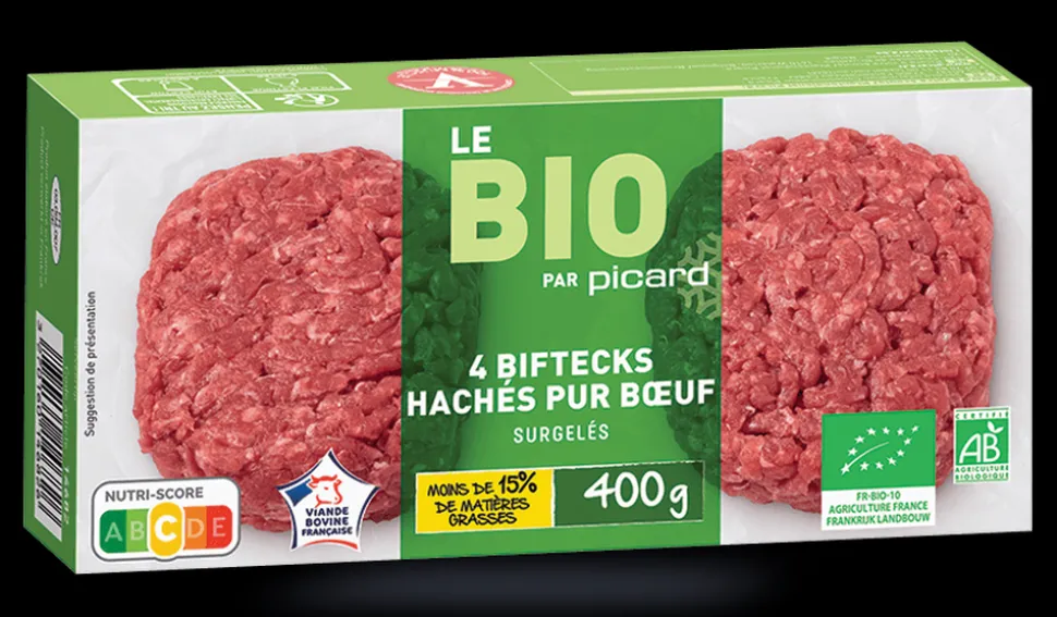 4 biftecks hachés bio, pur boeuf, 15% M.G maximum