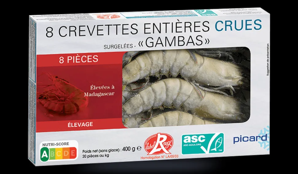 8 crevettes tropicales crues "Gambas" Label R. ASC