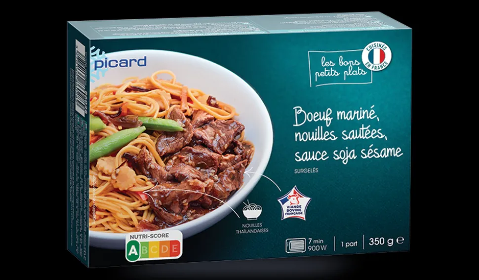 Bœuf mariné, nouilles et légumes sautés, sauce soja sésame