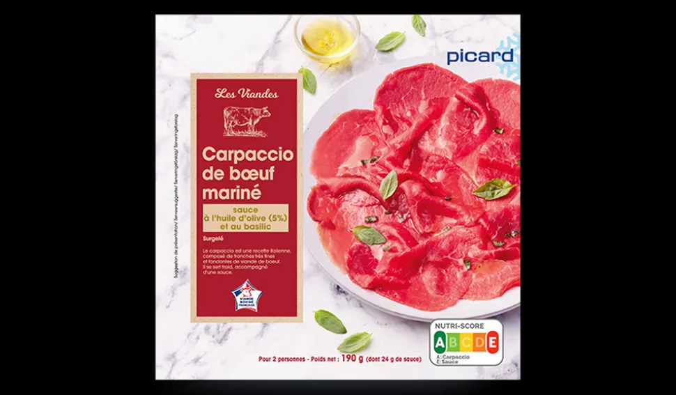 Carpaccio de bœuf et sa marinade à l'huile d'olive 5 % et au basilic