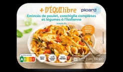 Emincés de poulet, conchiglie complètes, légumes