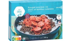 Rougail saucisse, riz blanc et lentilles cuisinées