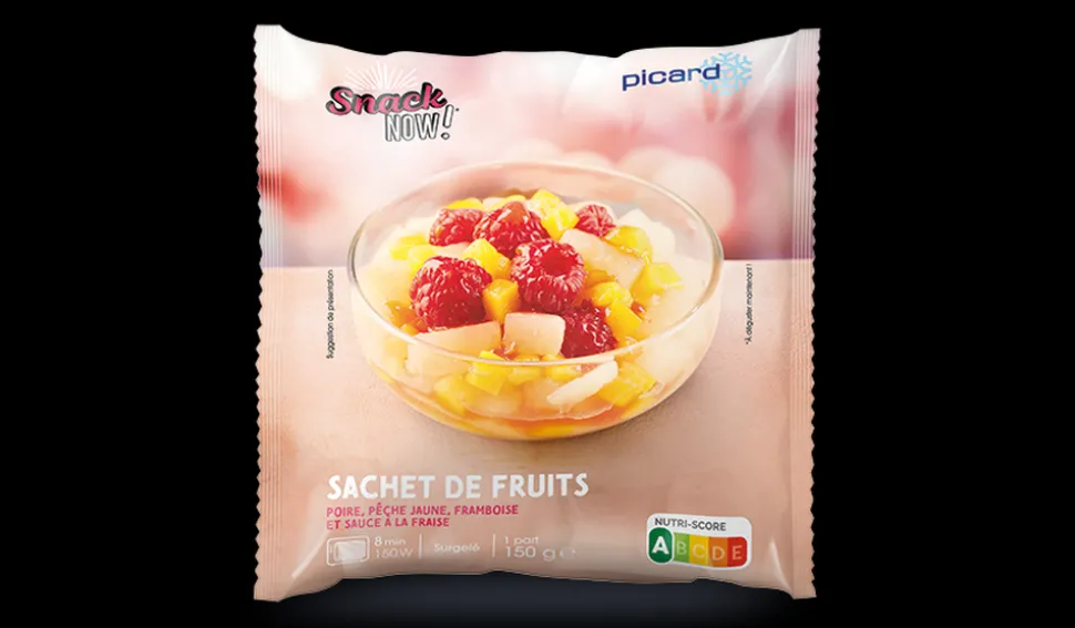 Sachet de fruits poire, pêche jaune, framboise